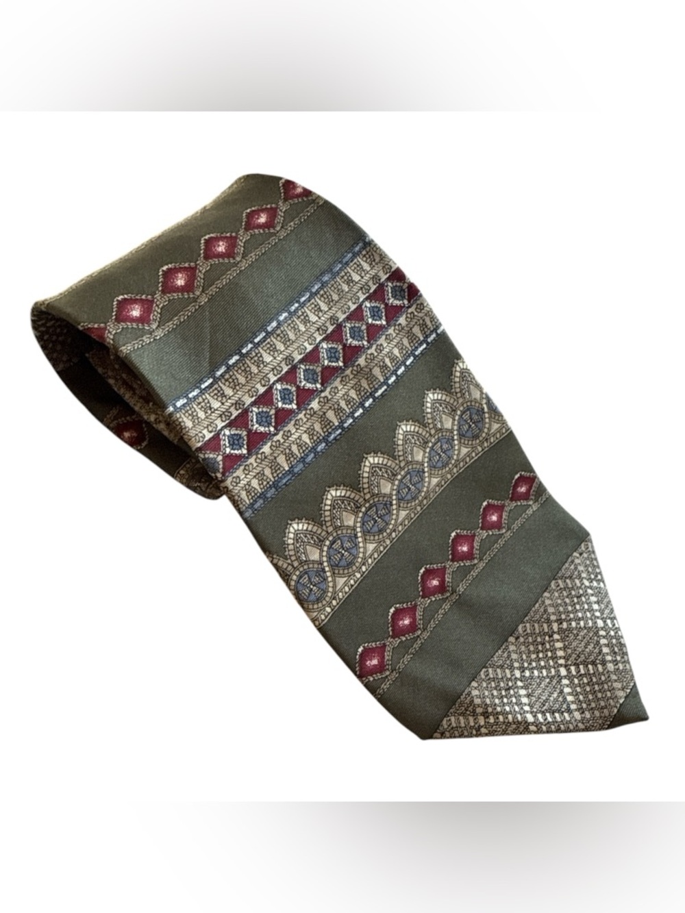 Henry Grethel Silk Tie Made in‎ Italy Olive Green Geometric Pattern Classic